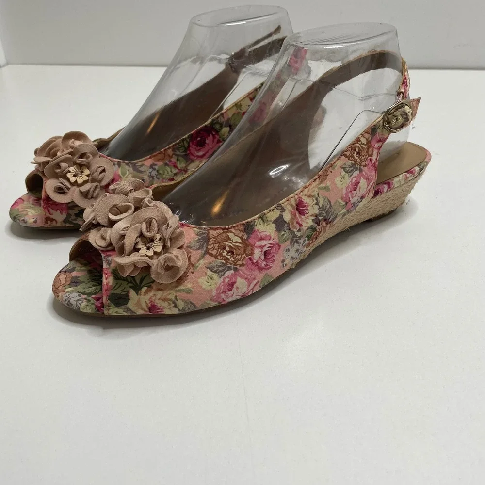 Hotter Betsy Pink Floral Peep Toe Wedge Sandals 3D Flower Applique Cottage 8.5